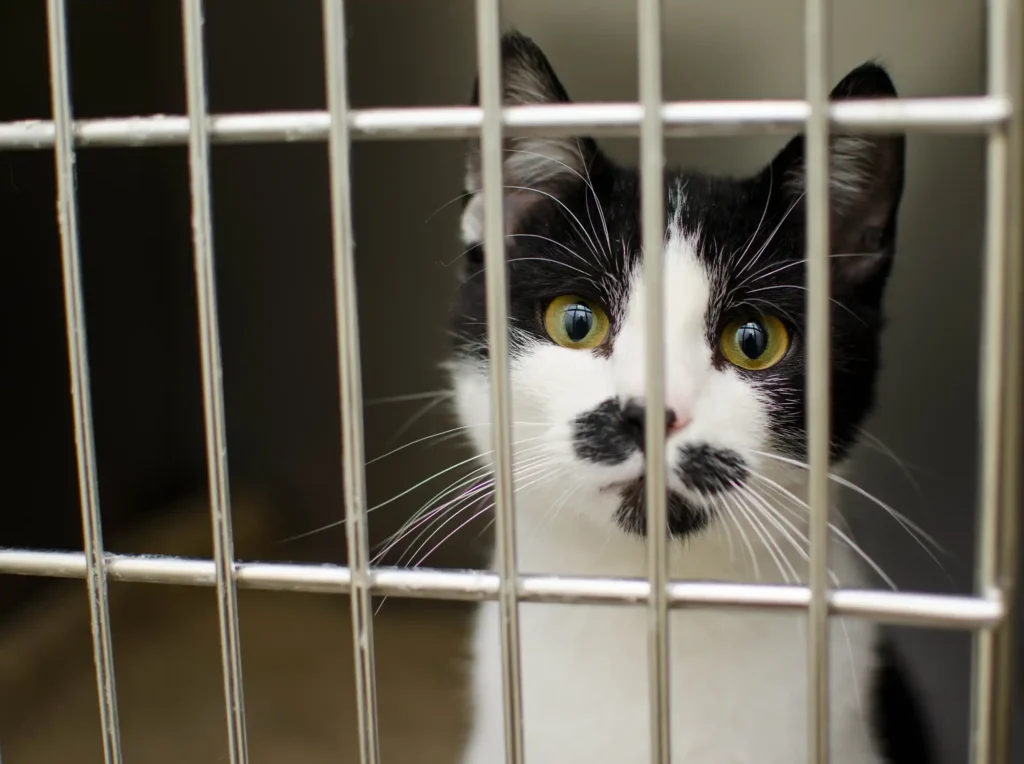 A black and white cat behind a barred shelter door