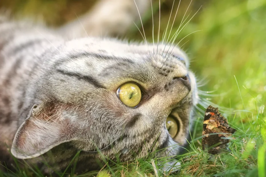 Tabby Cat in a garden watching a butterfly